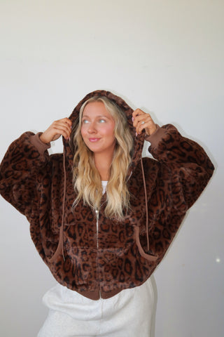 Faux Fur Leopard Zip Up Hoodie