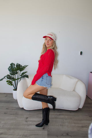 Berry Red Front Tie Open Knit cardigan