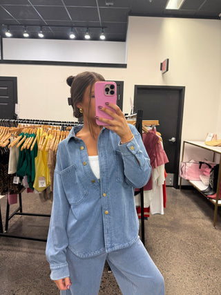 Denim Blue Button Down Sweatshirt