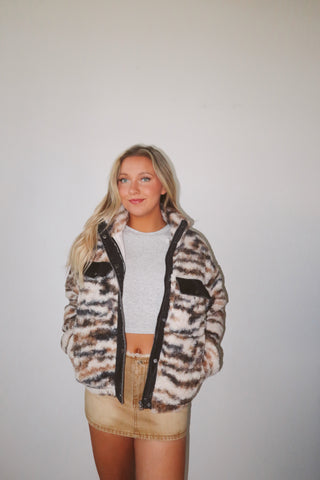 Contrast Denim Printed Sherpa Zip Up