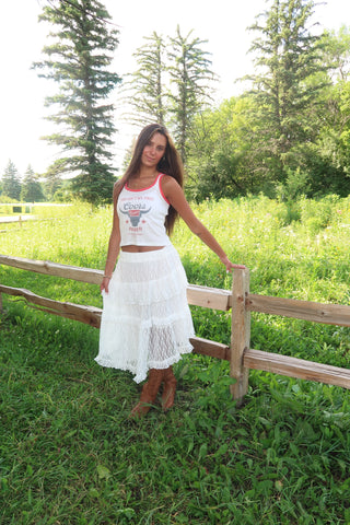 Tiered Lace Ruffle Asymmetrical Midi Skirt