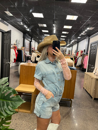 Pink Sheer Lace Mock Neck Long Sleeve