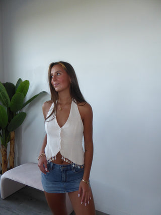 Natural Tailored Tie Open Back Halter Embellished Vest