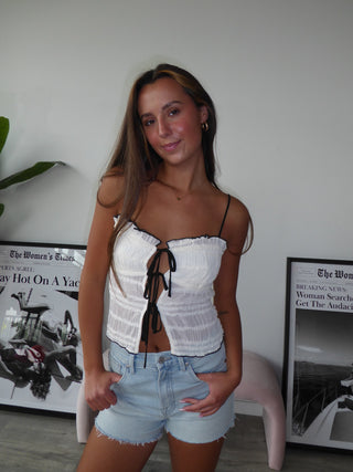 Cream Ruffle Tank With Black Tie Detail