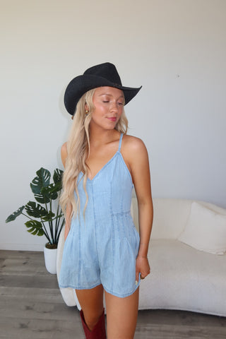 Denim Romper With Criss Cross Tie Back