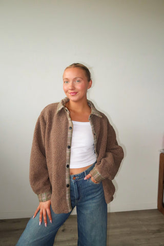 Brown Sherpa Jacket With Plaid Detail