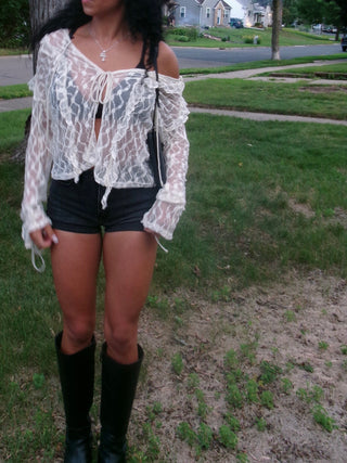 Cream Mesh Front Tie Long Sleeve