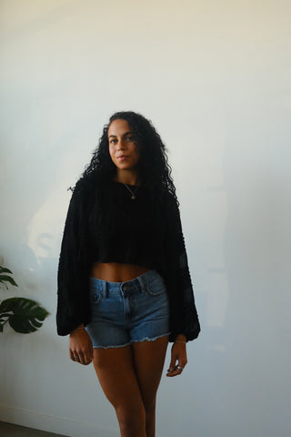 Black Smocked Sheer Long Sleeve Top