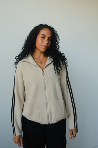 Tan Side Stripe Zip Up Sweater
