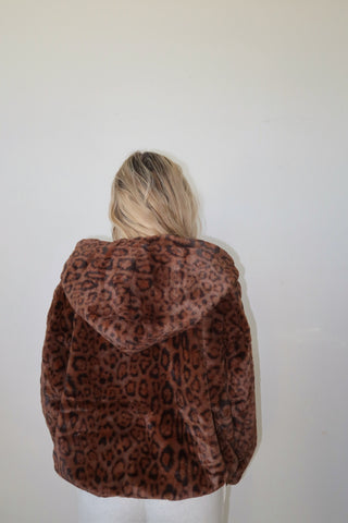 Faux Fur Leopard Zip Up Hoodie