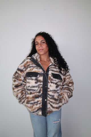 Contrast Denim Printed Sherpa Zip Up