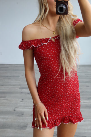 Red Sleeveless Ruffle Neck Mini Dress