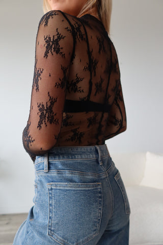 Black Sheer Lace Mock Neck Long Sleeve