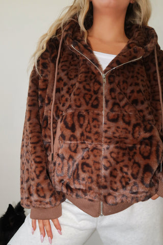 Faux Fur Leopard Zip Up Hoodie