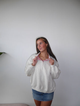 Grey Henley Sweatshirt With Red Gingham Inside