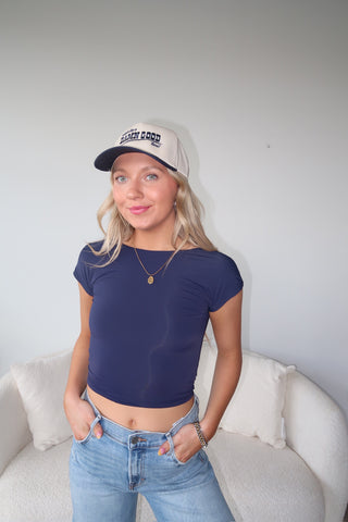Navy Silky Smooth Open Back Short Sleeve Top