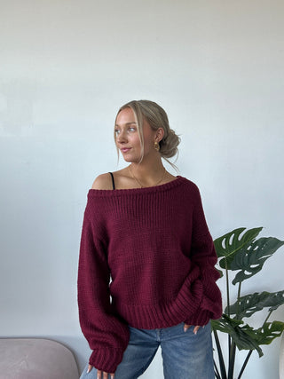 Burgundy Off The Shoulder Knit Sweater