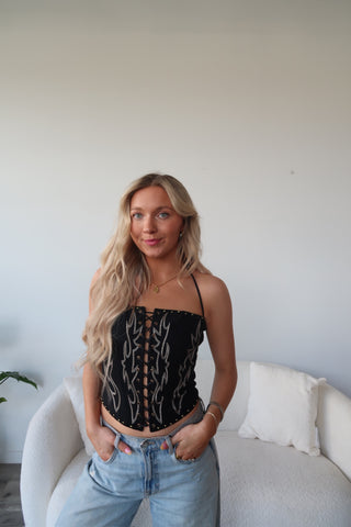 Black Western Front Lace Up Corset Top