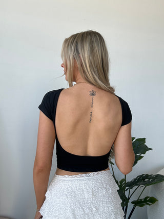 Black Silky Smooth Open Back Short Sleeve Top
