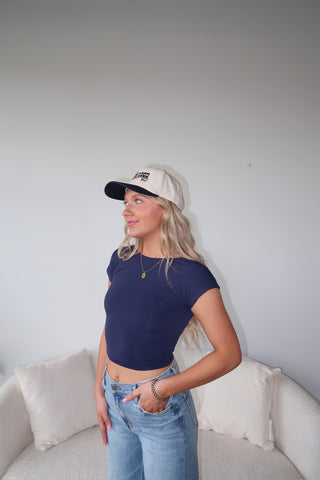 Navy Silky Smooth Open Back Short Sleeve Top