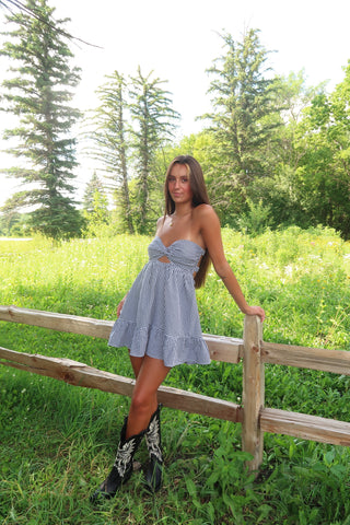 Black & White Gingham Strapless Dress With Open Back