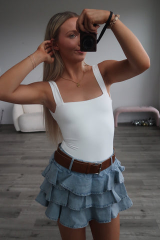 Denim Ruffle Mini Skort With Belt