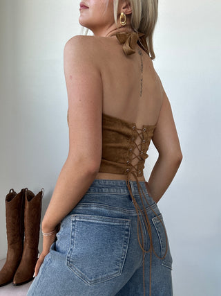 Tan Suede Embroidered Western Halter Corset Top