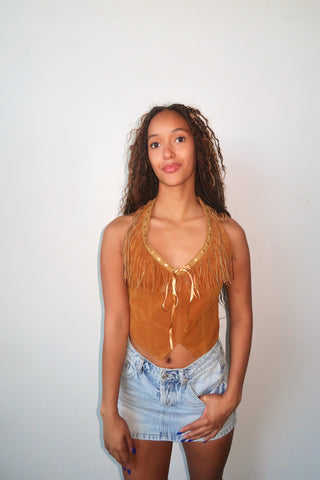 Camel Suede Halter Top With Fringe
