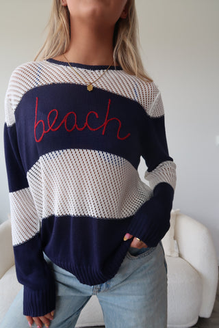 “Beach” Striped Crochet Long Sleeve