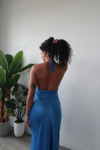 Blue Open Back Halter Neck Satin Dress