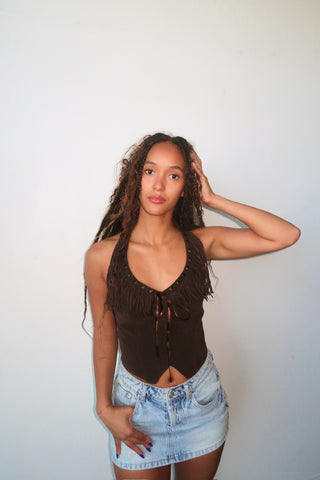 Chocolate Suede Halter Top With Fringe