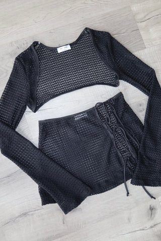 Black Shawl & Tie Skirt Cover Up Set