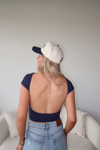 Navy Silky Smooth Open Back Short Sleeve Top