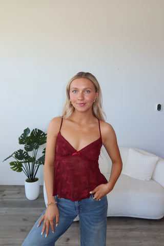Dark Red V-Neck Mesh Tank Top