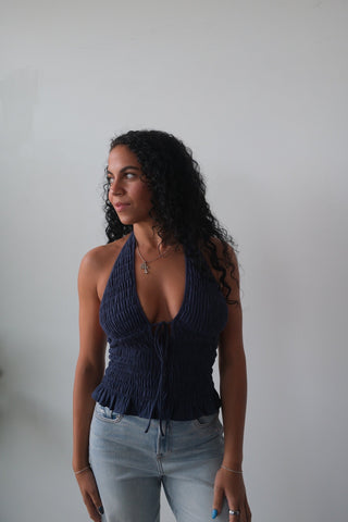 Navy V-Neck Tie Halter Top