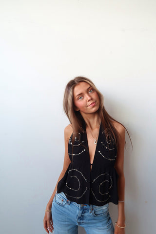 Black With Silver Stud Detail Open Halter