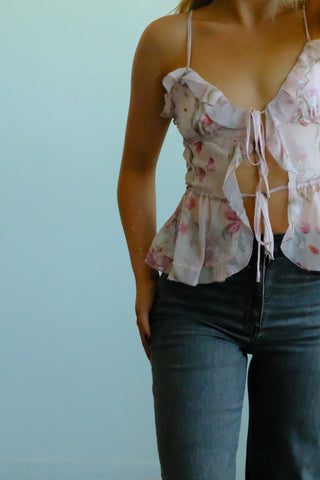 Front Tie Floral Ruffle Tank