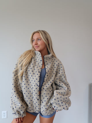 Polka Dot Sherpa Jacket - Taupe/Blue