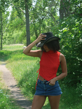 Red Mesh Asymmetrical Top