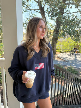 Navy Blue American Flag Embroider V-Neck Sweatshirt