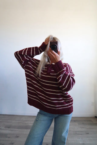 Burgundy Collared Striped Sweater