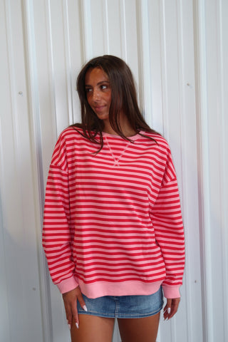 Oversized Pink & Red Striped Crewneck