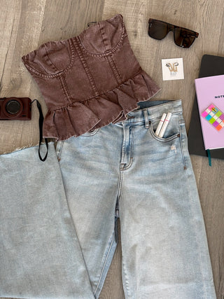 Brown Strapless Denim Corset Top