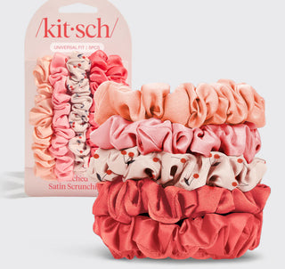 Ruched Satin Scrunchie 5pc Set - Assorted Cherry Blossom