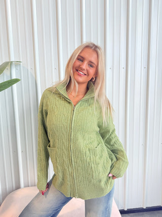 Green Oversized Cable Zip Up Sweater