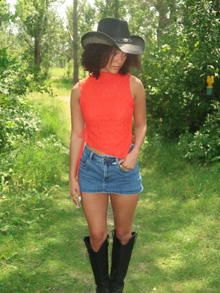 Red Mesh Asymmetrical Top