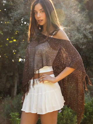 Brown Crystal Sequin Tassel Fringe Crochet Cape