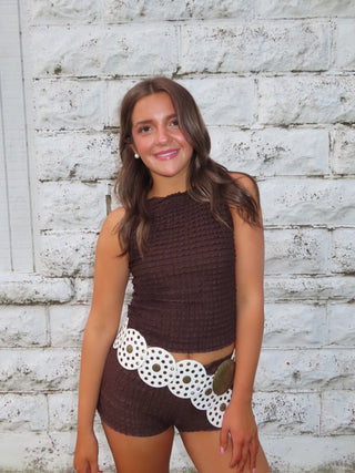 Brown High Neck Ruffle Tank Top