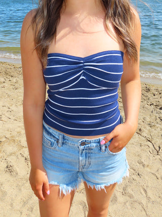 Navy Stripe Ribbed Strapless Top