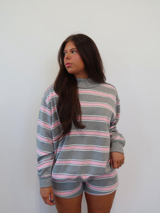 Grey & Pink Oversized Striped Mock Neck